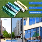 Set de dos rollos de papel polarizado para ventanas en colores verde, azul, plateado y dorado, con alta transmisión de luz y bloqueo UV, mostrando efecto interior y exterior en fachadas residenciales.