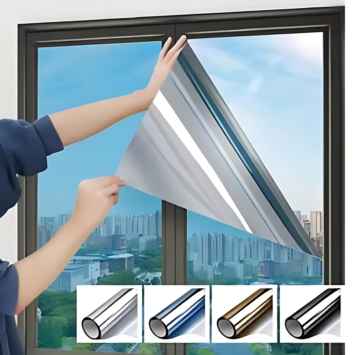 Papel polarizado para ventanas en proceso de instalación, con cuatro opciones de color visibles en la parte inferior: plateado, azul, dorado y negro.