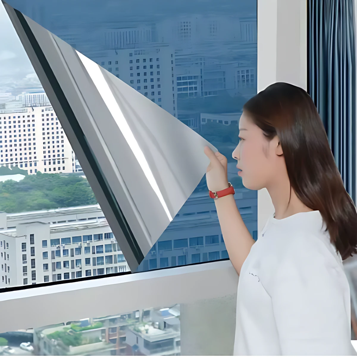 Mujer aplicando papel polarizado plateado en ventana, reduciendo brillo exterior y protegiendo interiores de calor y luz solar.