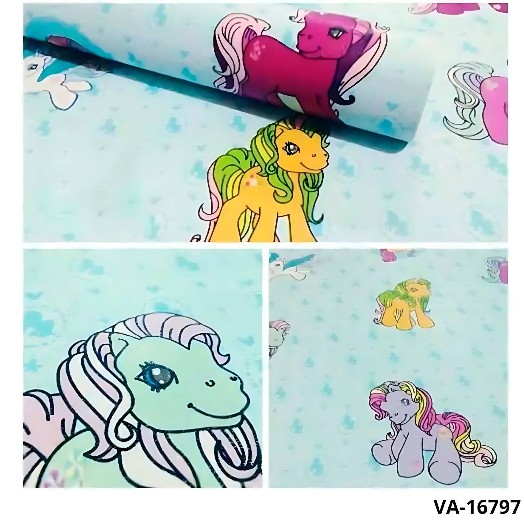 Papel adhesivo decorativo mate con estampado de ponis de My Little Pony en colores pastel, ideal para decorar paredes infantiles.