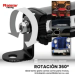 Soporte de montaje rotatorio 360 grados para faros LED, negro mate, con tornillo central y flechas indicativas de giro. Incluye ejemplos de instalación en vehículos y motos.