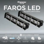 Dos barras LED negras ultra slim de la marca Raistar Racing, modelo Exploradoras, con ocho luces visibles en cada una, diseñadas para instalación en vehículos todoterreno.