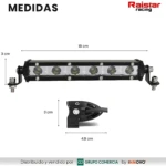 Barra LED negra ultra slim de 18 cm de largo, con 6 luces y soportes laterales; incluye soporte de montaje de 4,8 cm. Medidas visibles: 3 cm de altura.