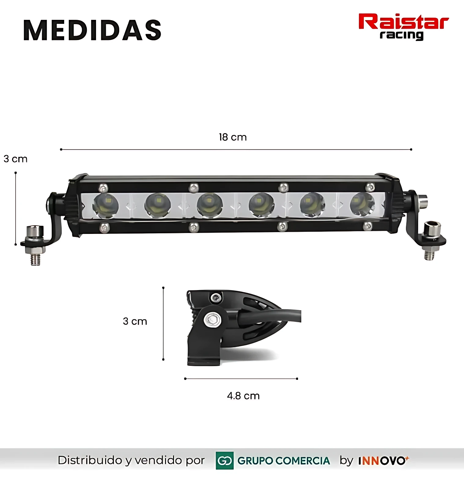 Barra LED negra ultra slim de 18 cm de largo, con 6 luces y soportes laterales; incluye soporte de montaje de 4,8 cm. Medidas visibles: 3 cm de altura.