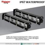Dos faros LED ultra slim de color negro, con ocho luces visibles en cada uno, dispuestos en diagonal sobre fondo gris claro. Presentan certificación IP67 y están diseñados para iluminación nocturna.
