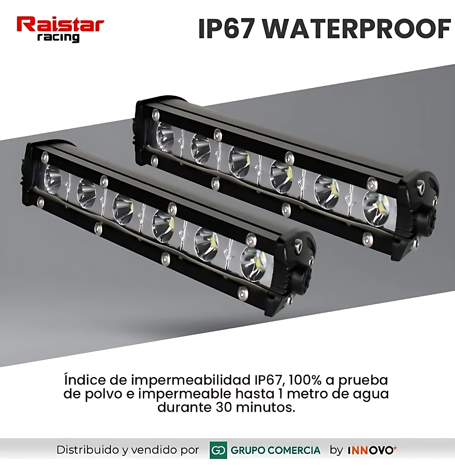Dos faros LED ultra slim de color negro, con ocho luces visibles en cada uno, dispuestos en diagonal sobre fondo gris claro. Presentan certificación IP67 y están diseñados para iluminación nocturna.