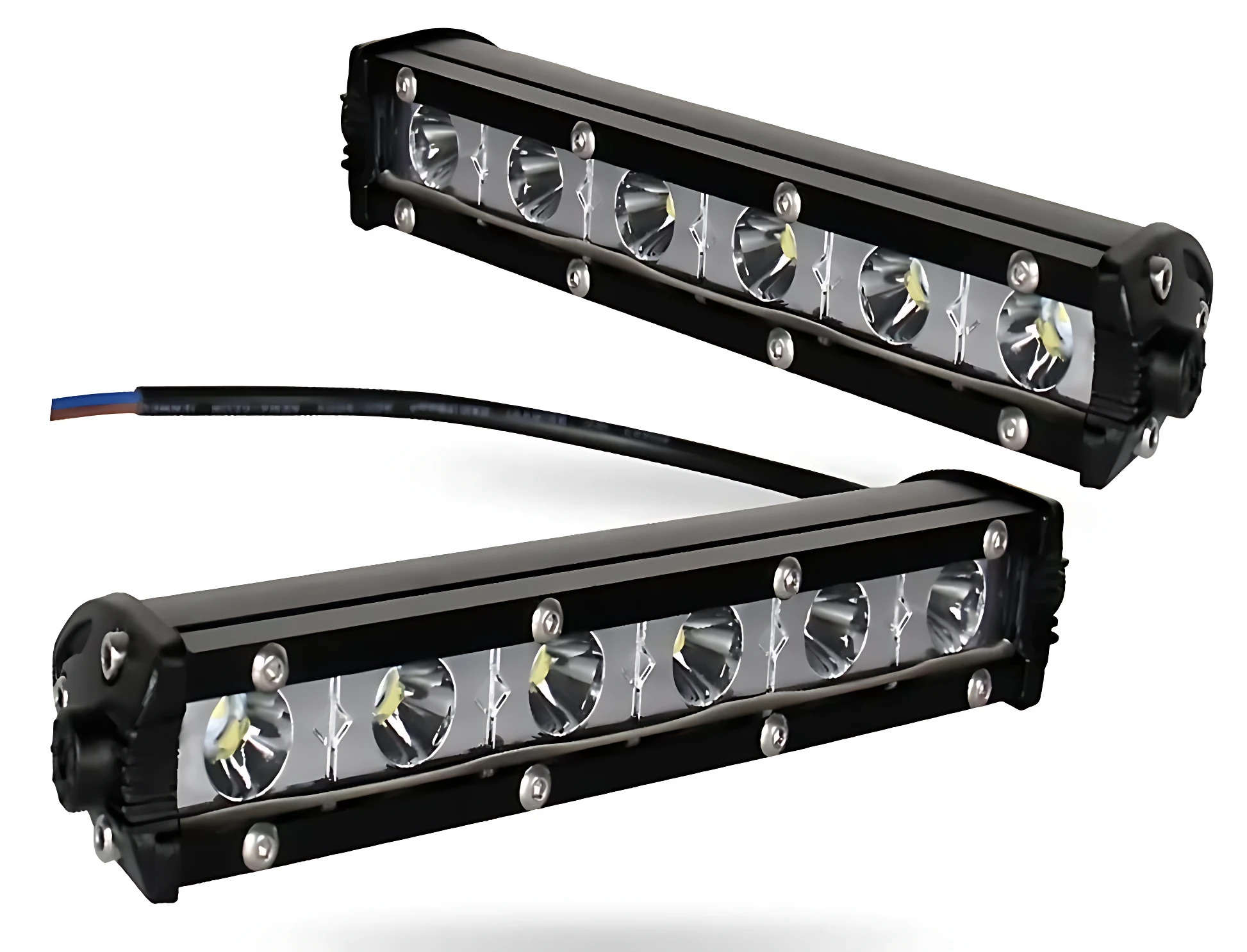 Dos barras LED negras ultra slim de 8000 lúmenes, con ocho focos visibles y conectores laterales, dispuestas en diagonal sobre fondo blanco.