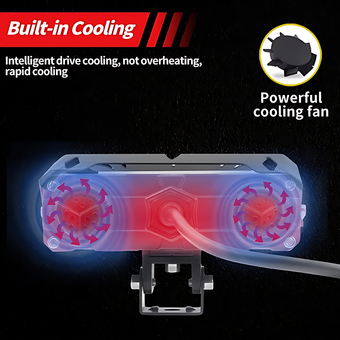 Dispositivo de enfriamiento integrado con ventilador potente, mostrando flujo de aire en rojo y azul sobre carcasa transparente con montaje inferior.