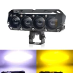 Barra LED lineal de cuatro lentes bicolor con soporte de montaje, mostrando luz blanca y amarilla en vista frontal.