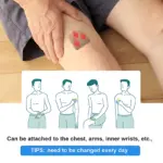 Parche anti fumar herbal aplicado en el brazo, con ilustraciones de uso en pecho, antebrazo y muñeca. Incluye instrucciones de aplicación y recomendación de cambio diario.