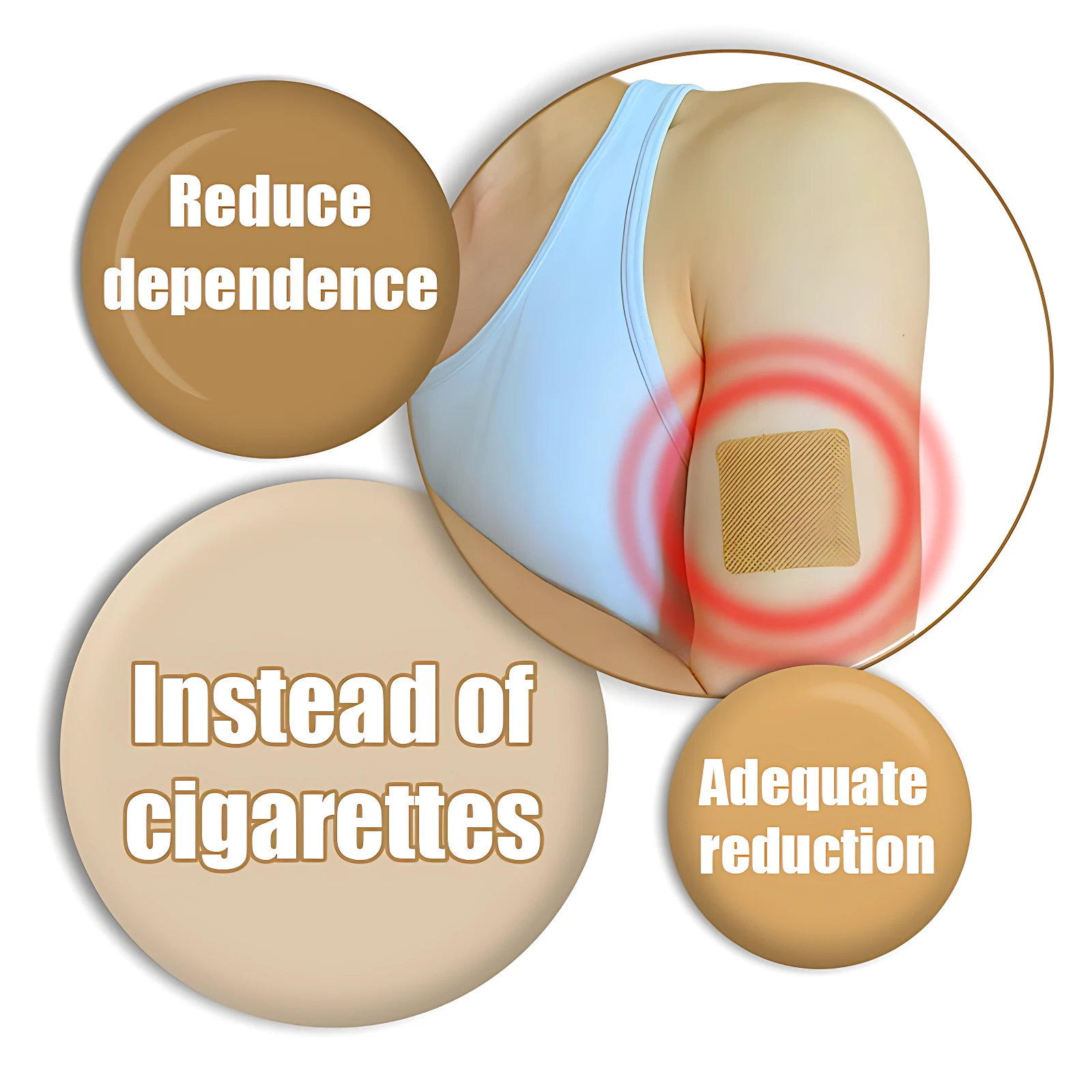 Parche anti fumar herbal en brazo, con texto que indica reducción de dependencia y uso como alternativa al cigarrillo.
