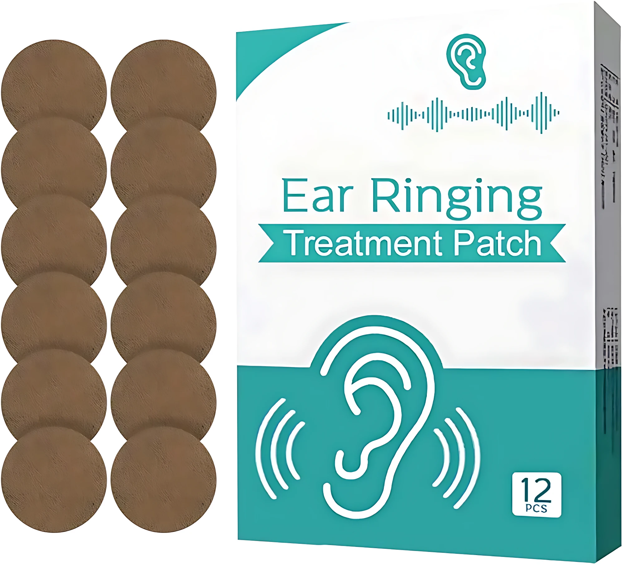 Pack de doce parches circulares de color marrón para tratamiento de zumbidos en oídos, con caja que muestra de oreja y ondas sonoras.