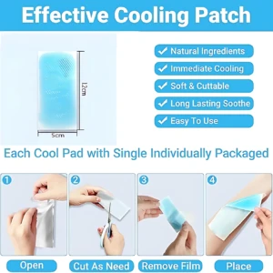Parche refrigerante azul de 5x12 cm, con instrucciones de uso: abrir, cortar, retirar film y aplicar. Ingredientes naturales, efecto inmediato y duradero.