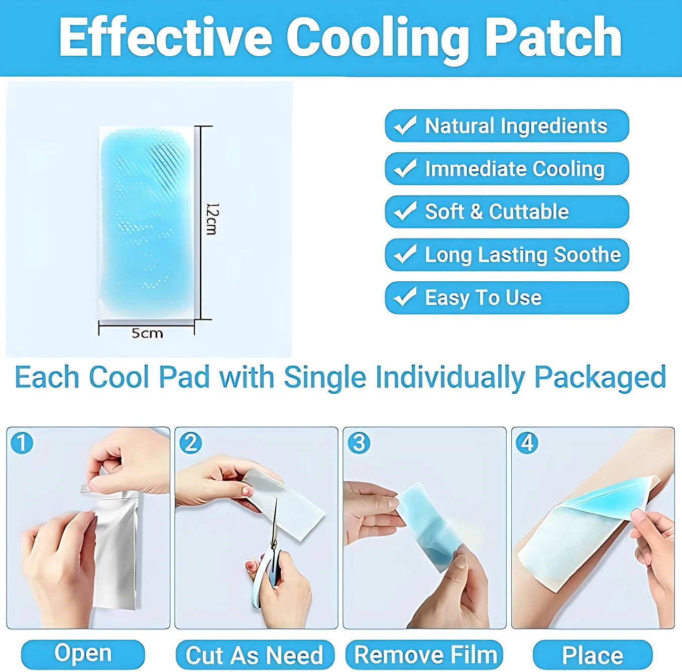 Parche refrigerante azul de 5x12 cm, con instrucciones de uso: abrir, cortar, retirar film y aplicar. Ingredientes naturales, efecto inmediato y duradero.