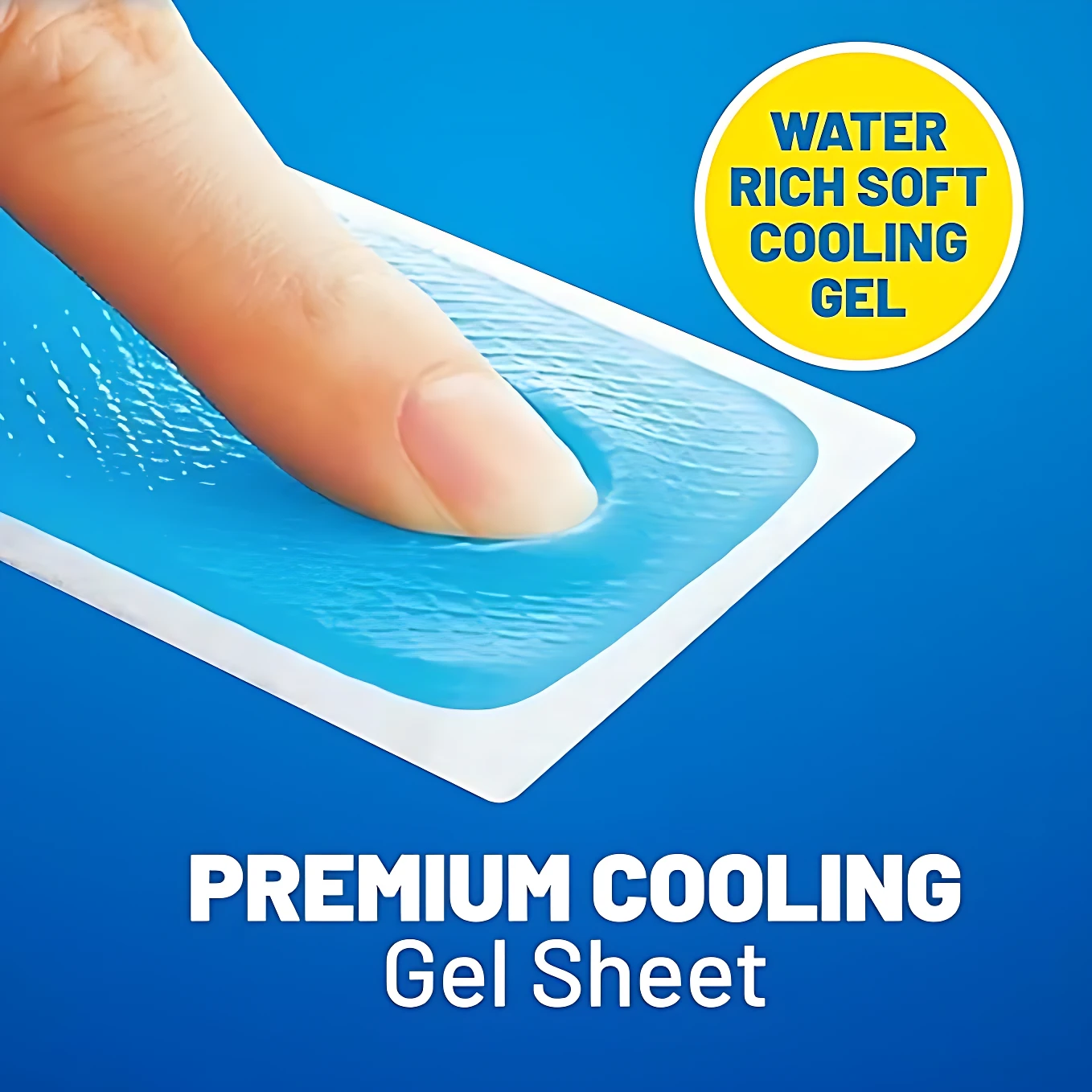 Parche de gel azul para alivio de migraña, con textura suave y diseño rectangular; dedo presionando la superficie para mostrar su consistencia refrescante.