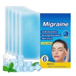 Parche gel refrescante para migraña, sin refrigeración, con seis unidades visibles en empaque azul y aplicador en frente de modelo.