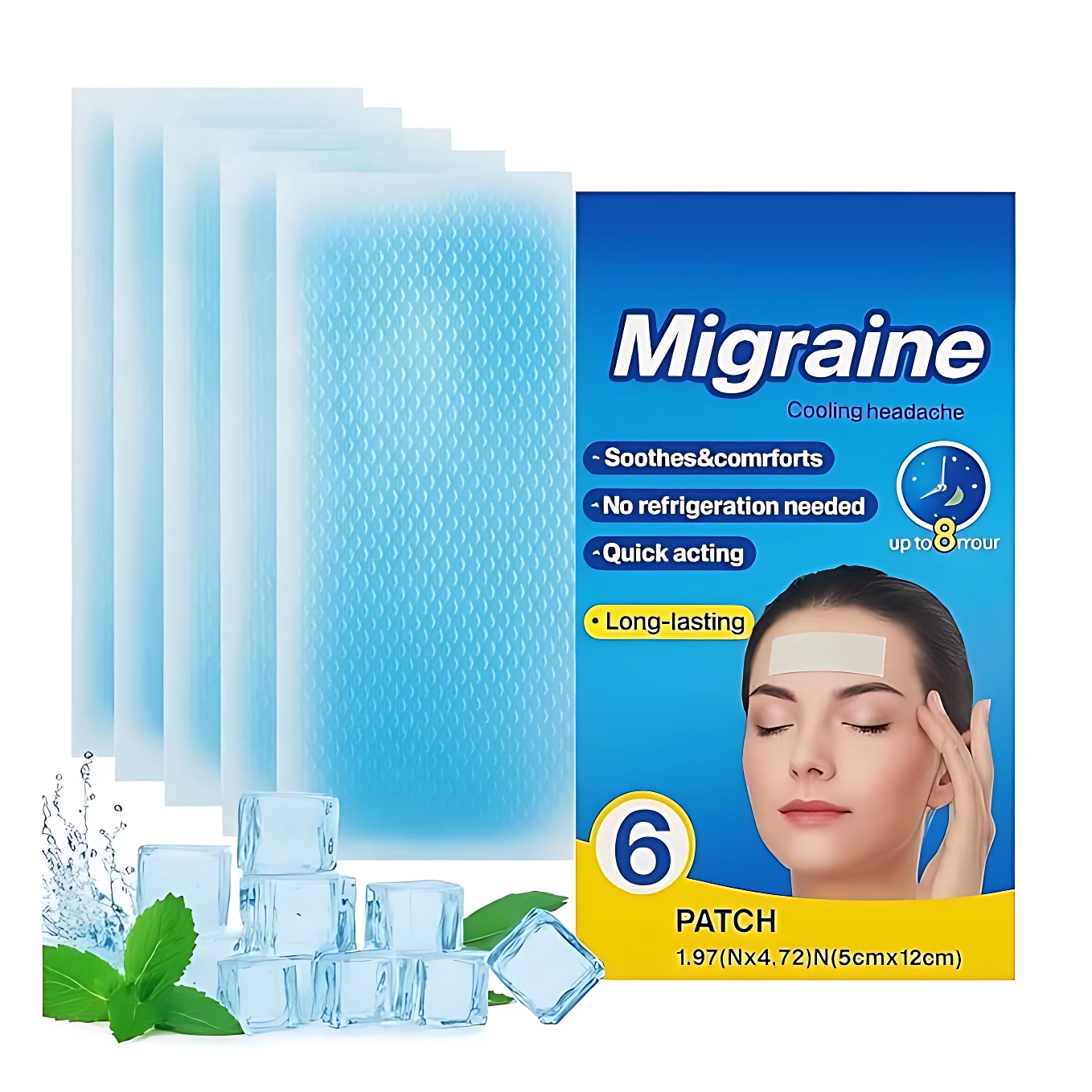 Parche gel refrescante para migraña, sin refrigeración, con seis unidades visibles en empaque azul y aplicador en frente de modelo.