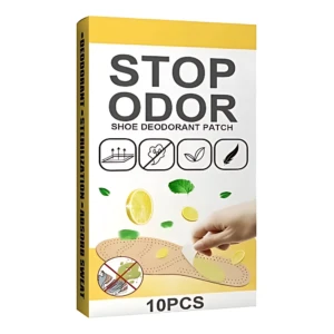 Pack de parches desodorizantes para zapatos, presentación rectangular con diseño amarillo y blanco, muestra aplicación en suela y símbolos de absorción de humedad y eliminación de olores.