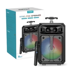 Parlante inalámbrico negro de 8 pulgadas con micrófono incluido, luces de colores en rejilla frontal y ruedas para transporte, junto a su caja de presentación.