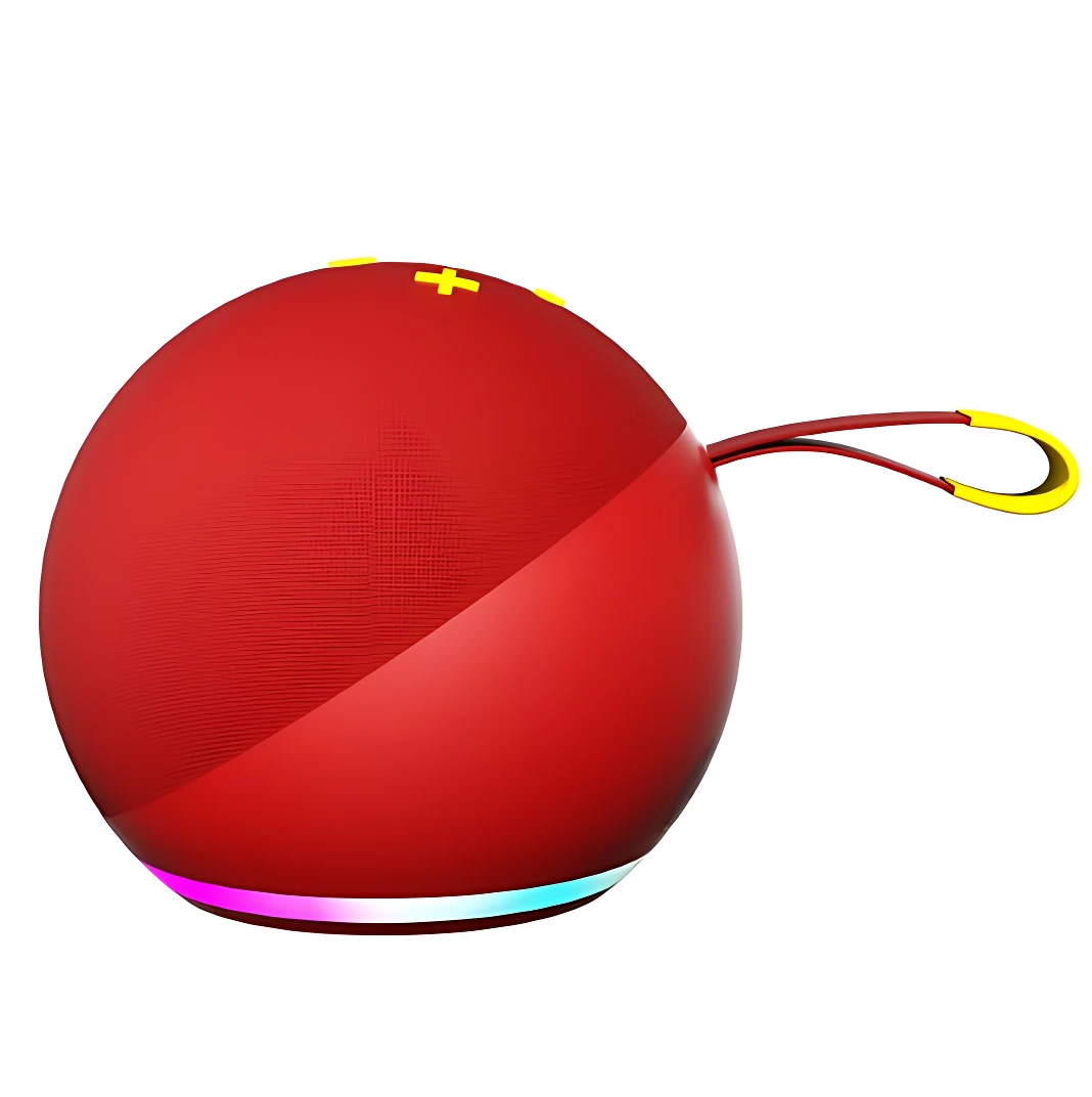 Parlante Alaxe Pro Max en color rojo, con luces RGB en la base y asa amarilla para transporte.