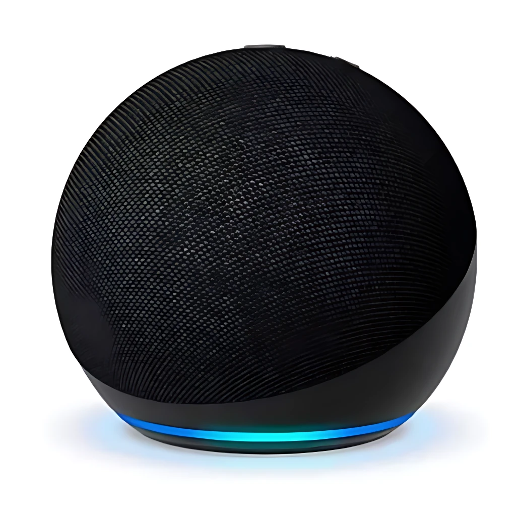 Parlante Alaxe inalámbrico negro con malla texturizada y anillo de luz azul en base, diseñado para música y llamadas manos libres.