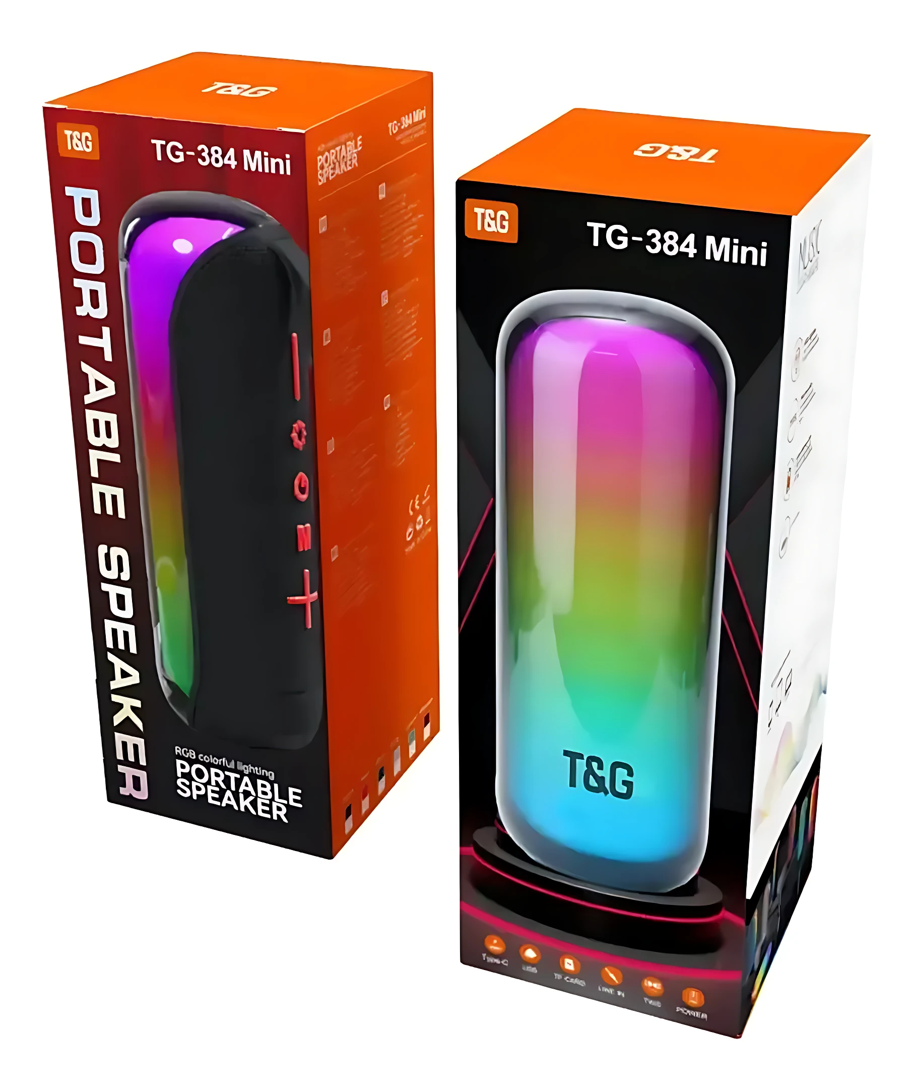 Pack de dos parlantes Bluetooth portátiles T&G modelo TG-384 Mini, con carcasa negra y luces RGB dinámicas en tonos arcoíris, presentados en cajas naranjas y negras.