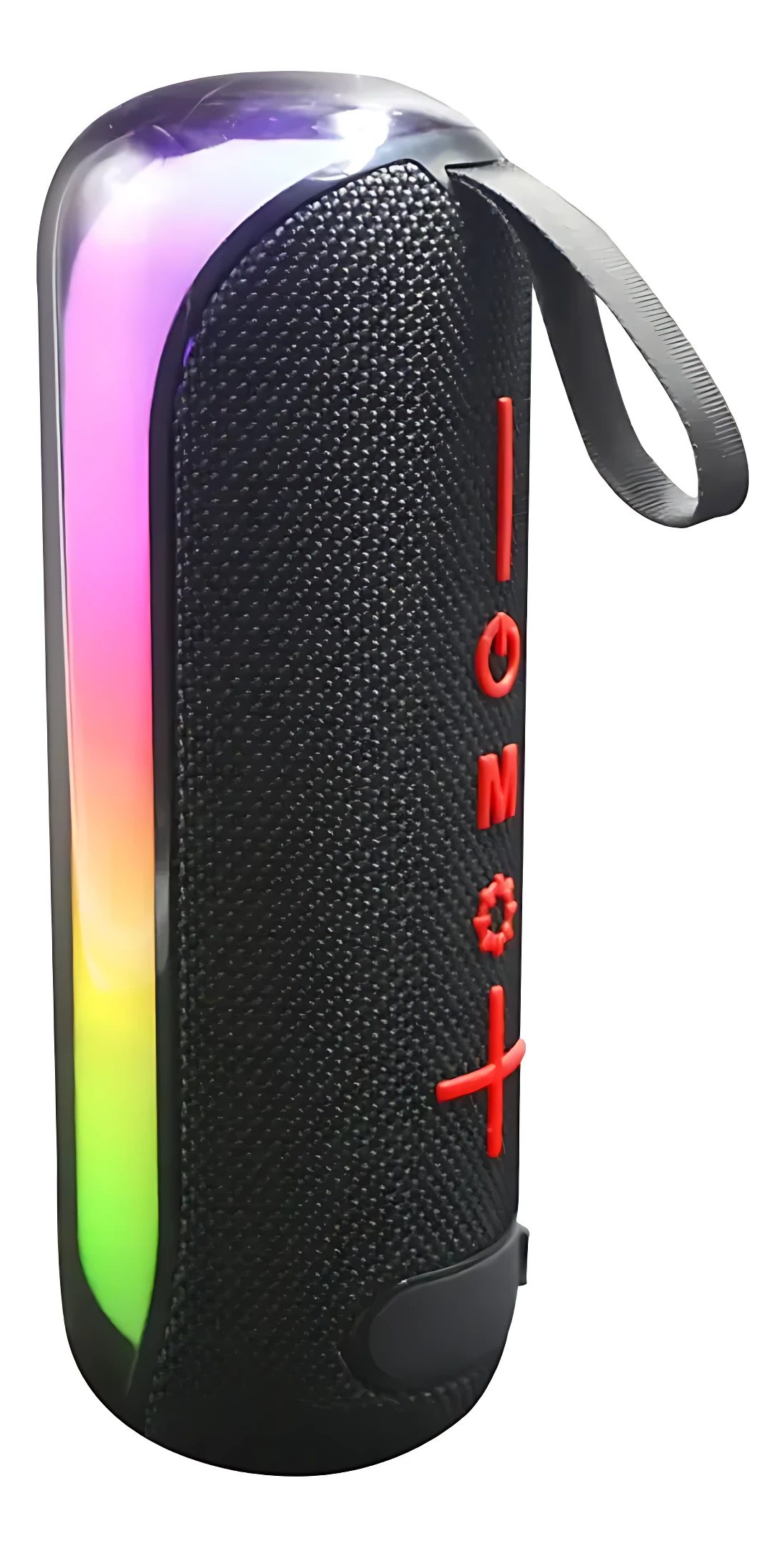 Parlante Bluetooth mini negro con luces RGB dinámicas en lateral, textura de rejilla y asa superior para transporte.