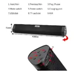 Parlante barra negro de 420 mm con controles táctiles, puerto USB, ranura TF y entrada AUX; incluye dimensiones y funciones en diagrama técnico.