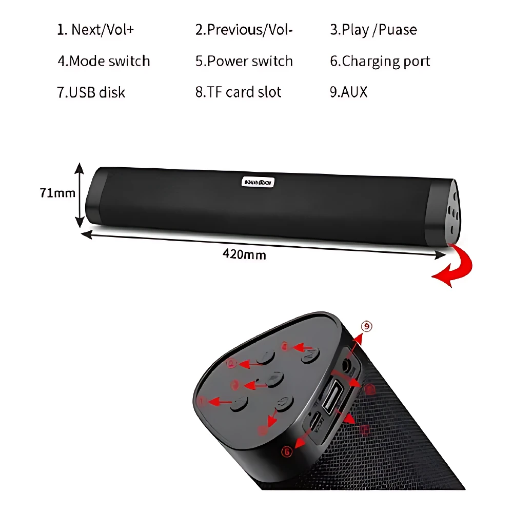 Parlante barra negro de 420 mm con controles táctiles, puerto USB, ranura TF y entrada AUX; incluye dimensiones y funciones en diagrama técnico.