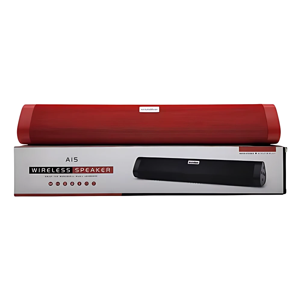 Barra de sonido inalámbrica color rojo, modelo A15, sobre su caja de presentación. Incluye batería interna y diseño compacto para uso en espacios pequeños.