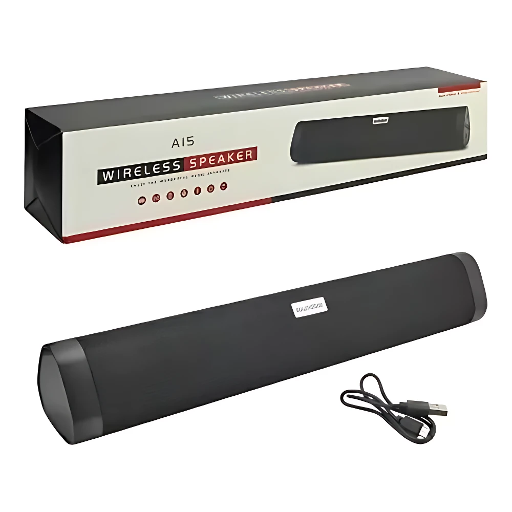 Barra de sonido negra con cable USB, junto a su caja que muestra el modelo A15. Incluye batería integrada y diseño compacto para uso portátil.