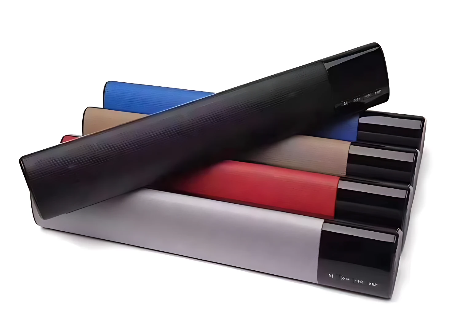 Barra de sonido B28 en color negro, con luces LED RGB y graves potentes, mostrando variante en caja con colores azul, beige, rojo y gris.
