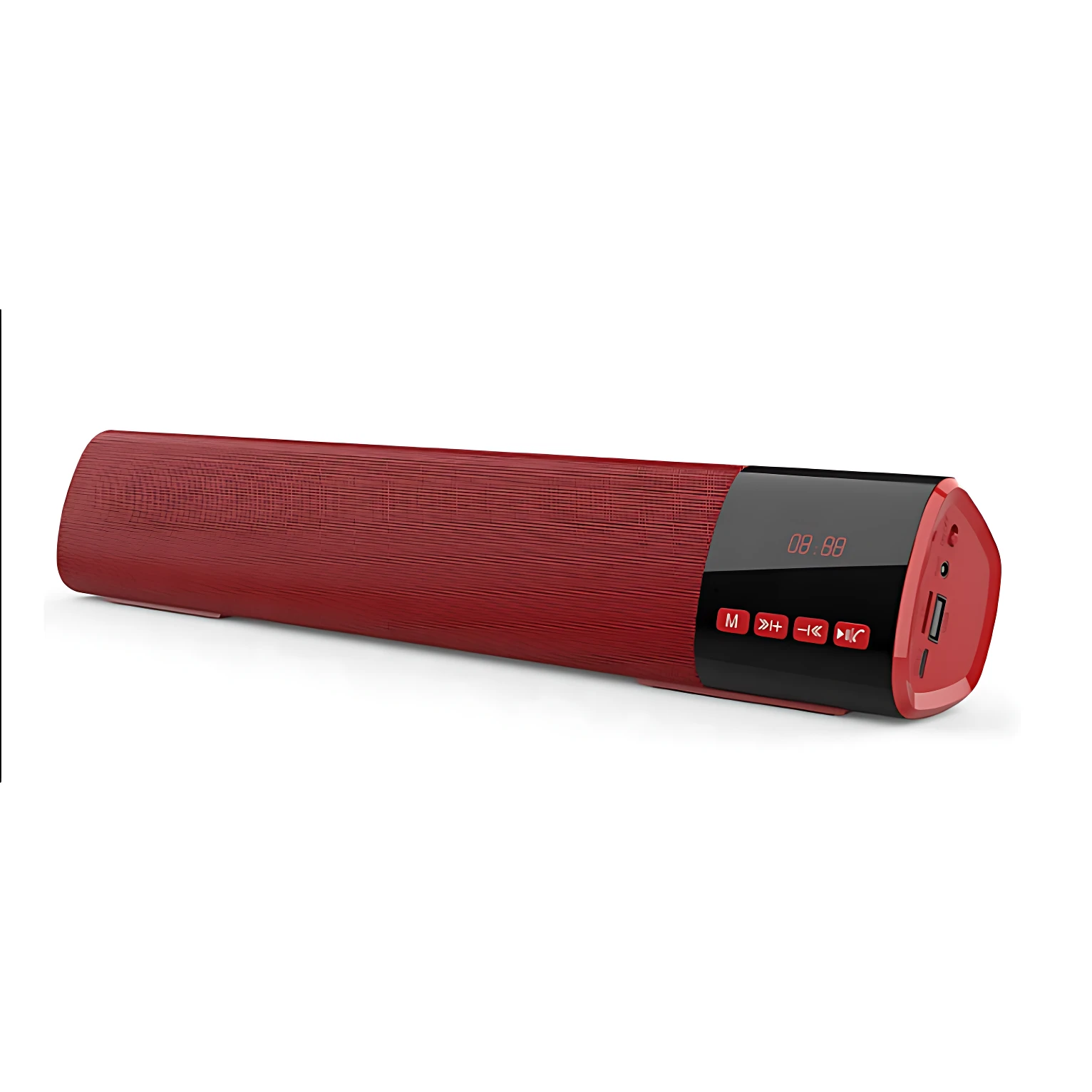 Barra de sonido B28 en color rojo con panel negro, controles táctiles y puerto USB visible, diseñada para audio inmersivo con graves potentes.