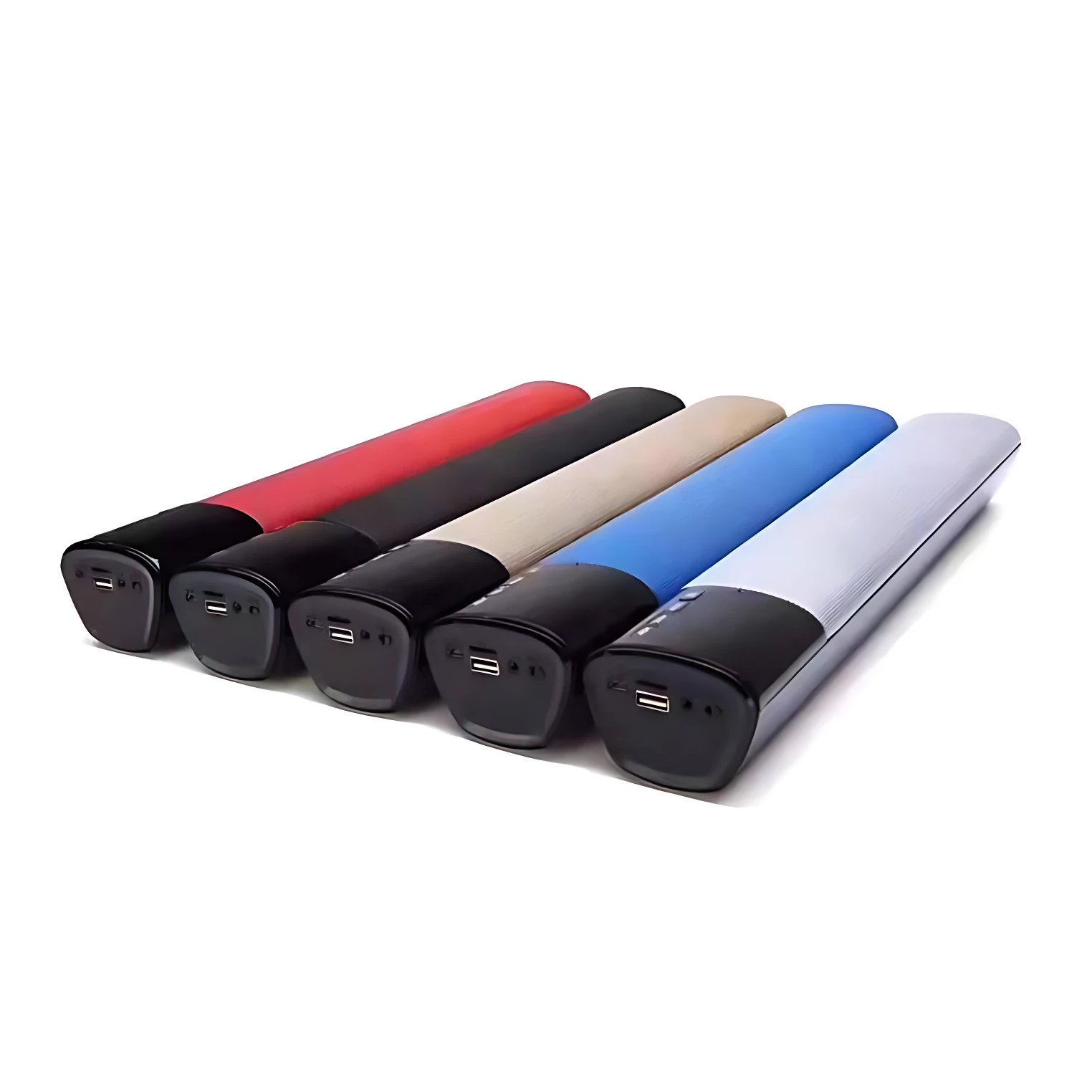 Cinco barras de sonido B28 en colores rojo, negro, beige, azul y blanco, con terminales USB visibles y diseño ergonómico para uso portátil.