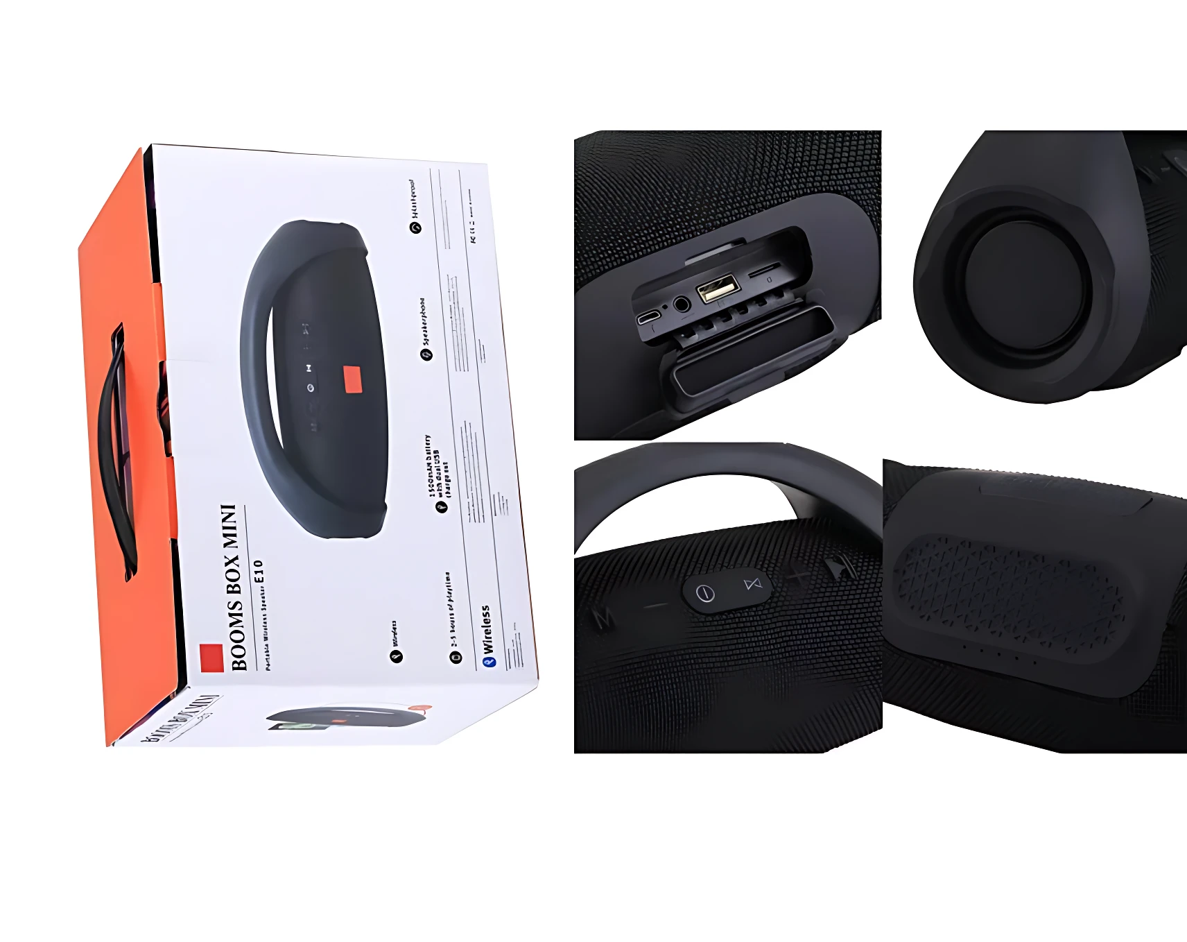 Altavoz Bluetooth JBL Boombox Mini en caja naranja y blanco, con detalles de controles, puerto USB y rejilla trasera.