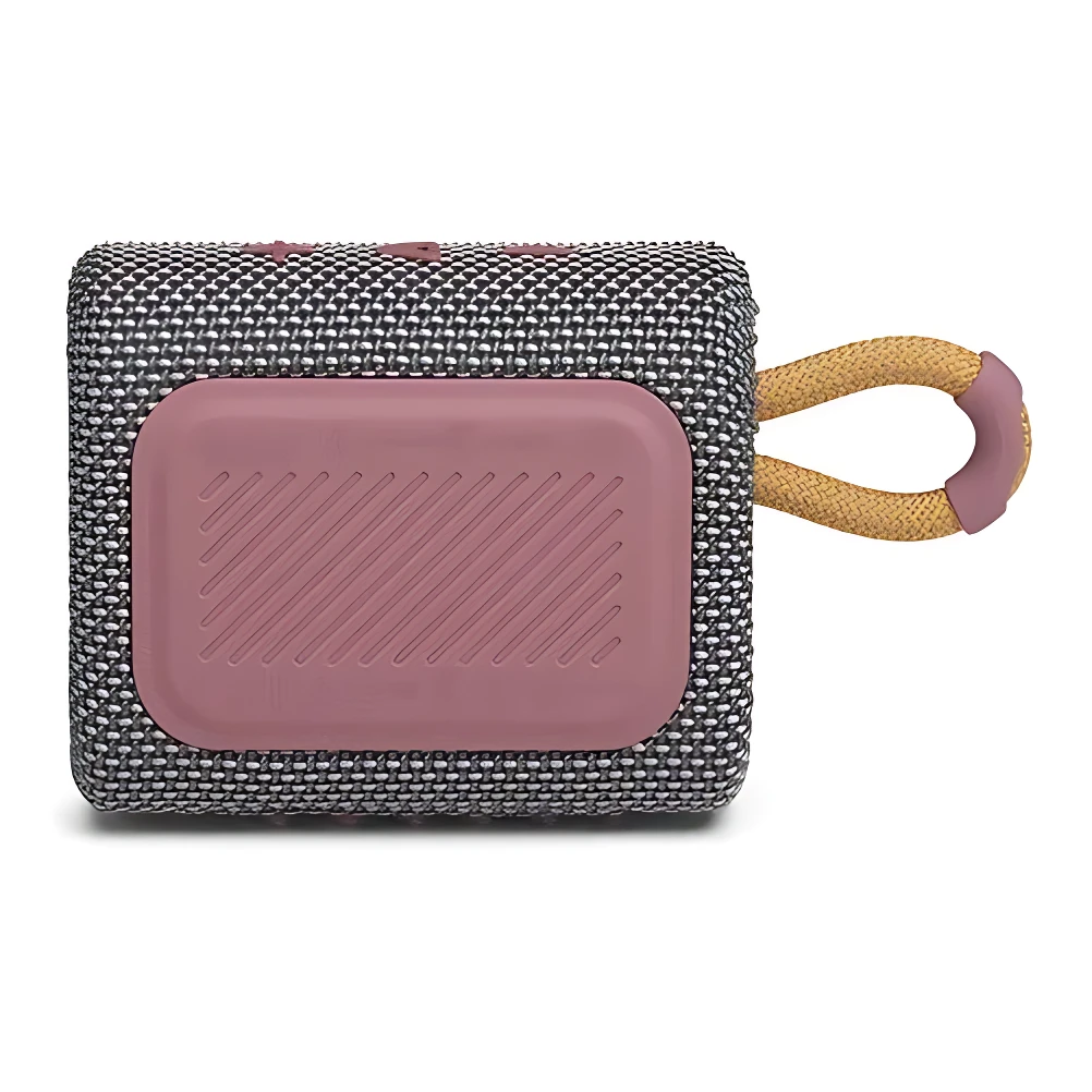 Altavoz JBL Go 3 en color rosa con carcasa tejida gris y asa de cuerda beige, mostrando su diseño compacto y resistente al agua.