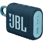 Altavoz JBL Go 3 en color azul oscuro con textura tejida, logotipo blanco frontal y controles laterales visibles.