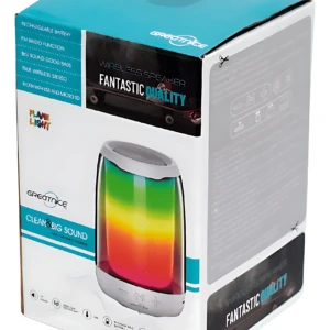 Caja del parlante Bluetooth GreatTike Fantastic Quality con luces LED reactivas en tonos arcoíris, diseño compacto y acabado brillante.