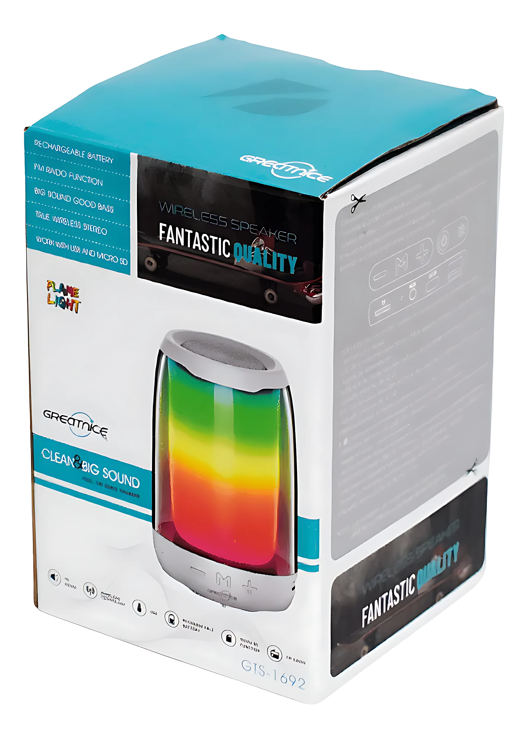 Caja del parlante Bluetooth GreatTike Fantastic Quality con luces LED reactivas en tonos arcoíris, diseño compacto y acabado brillante.