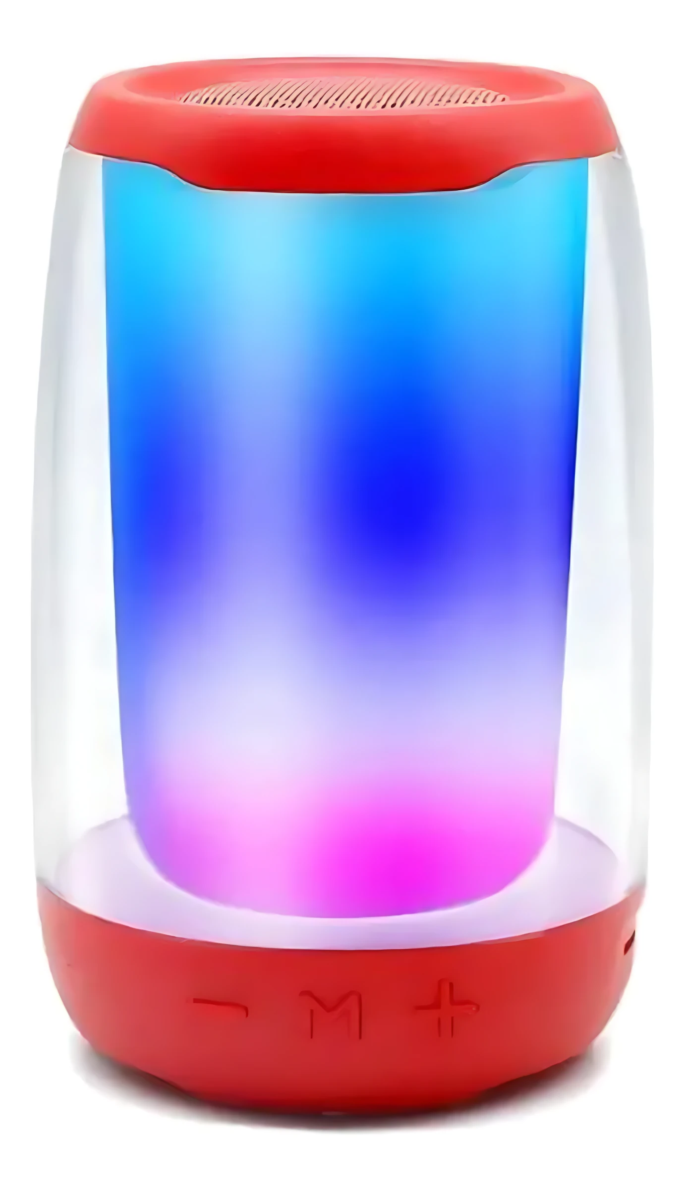 Parlante Bluetooth con luces LED reactivas en color rojo, cuerpo translúcido con gradiente azul y rosa, botones de control visibles en la base.