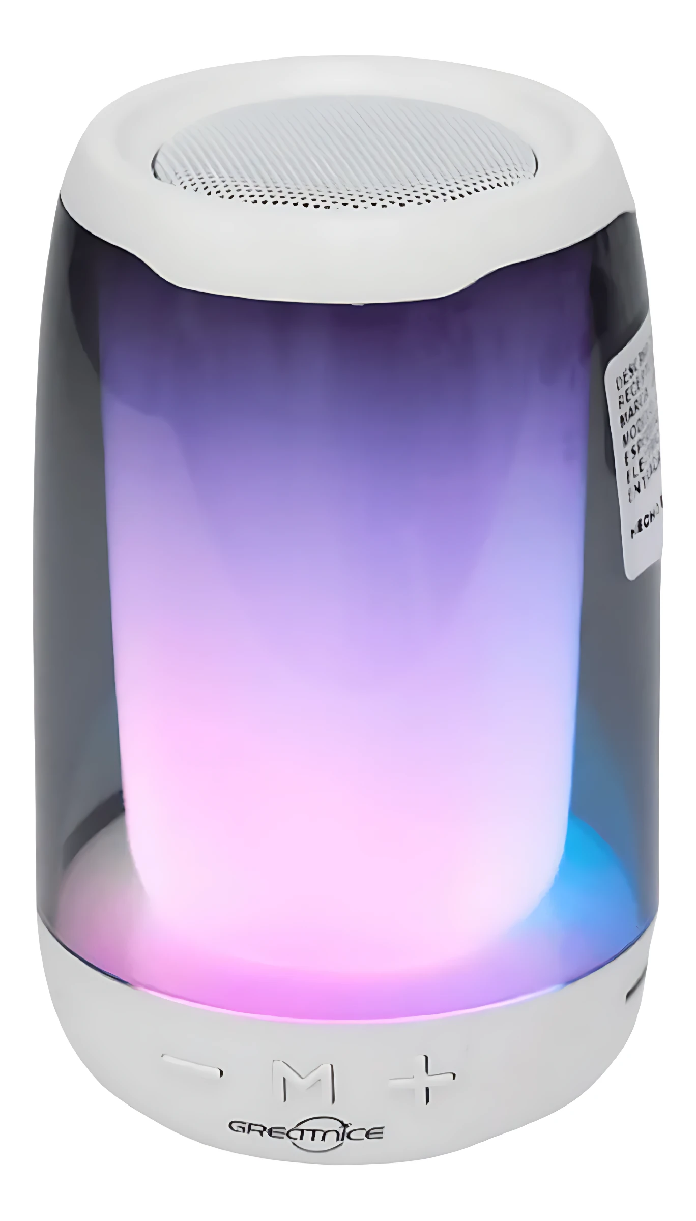 Parlante Bluetooth con luces LED reactivas en tonos morados y rosas, diseño cilíndrico con base blanca y controles táctiles visibles.
