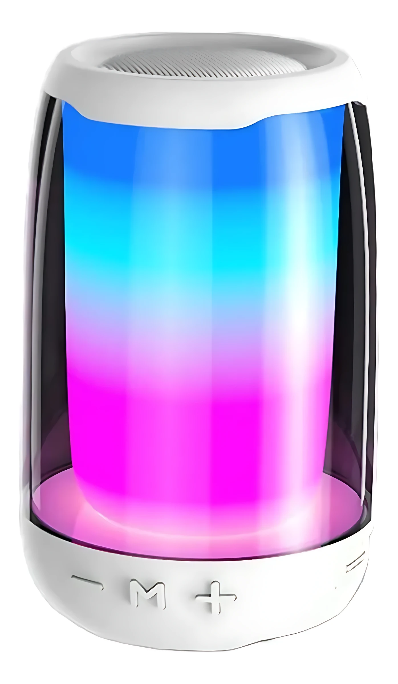 Parlante Bluetooth blanco con luces LED en gradiente de azul a rosa, visto de frente con botones de control visibles en la base.