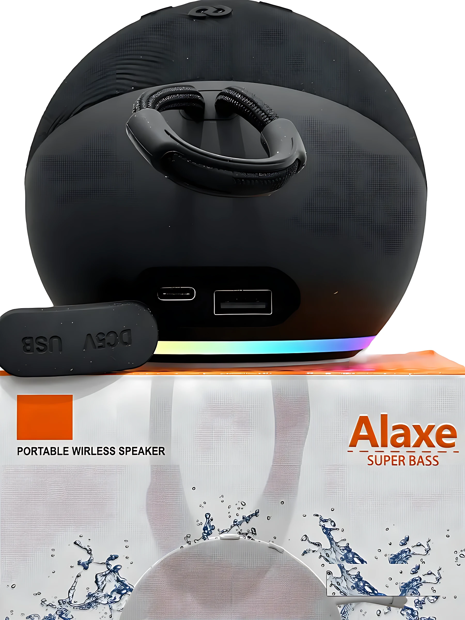 Altavoz Bluetooth negro con luces LED RGB, incluye cargador USB y caja con de agua.