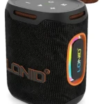 Altavoz Bluetooth Lonid Ls0411 negro con malla texturizada, luces LED RGB en panel lateral y asa superior de color cobre.