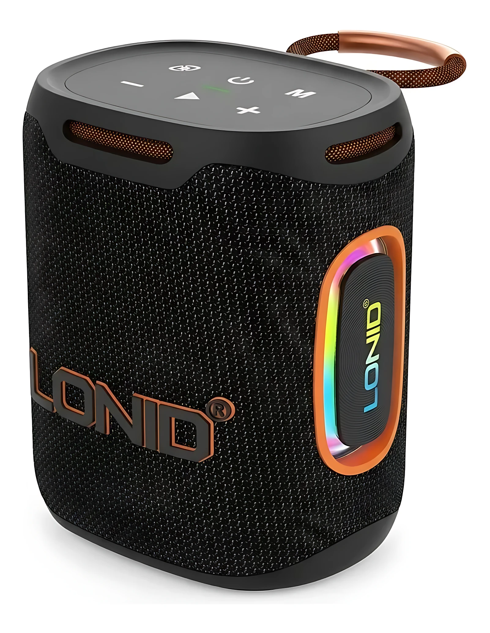 Altavoz Bluetooth Lonid Ls0411 negro con malla texturizada, luces LED RGB en panel lateral y asa superior de color cobre.
