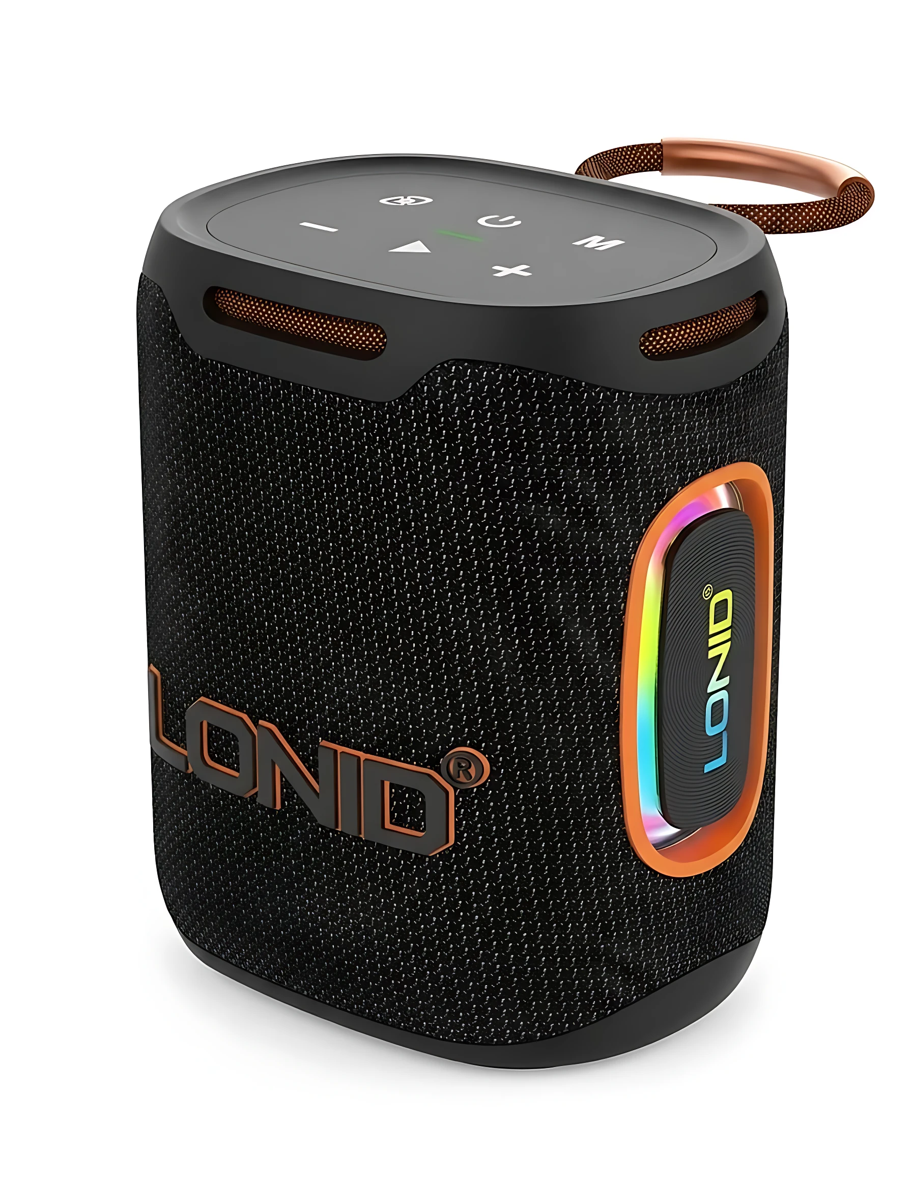 Altavoz Bluetooth Lonid Ls0411 negro con malla texturizada, luces LED RGB en panel lateral y asa de transporte.