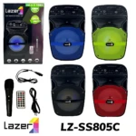 Cuatro parlantes portátiles Lazer LZ-SS805C en colores azul, verde, negro y rojo, con micrófono inalámbrico, control remoto y cable de carga incluidos.