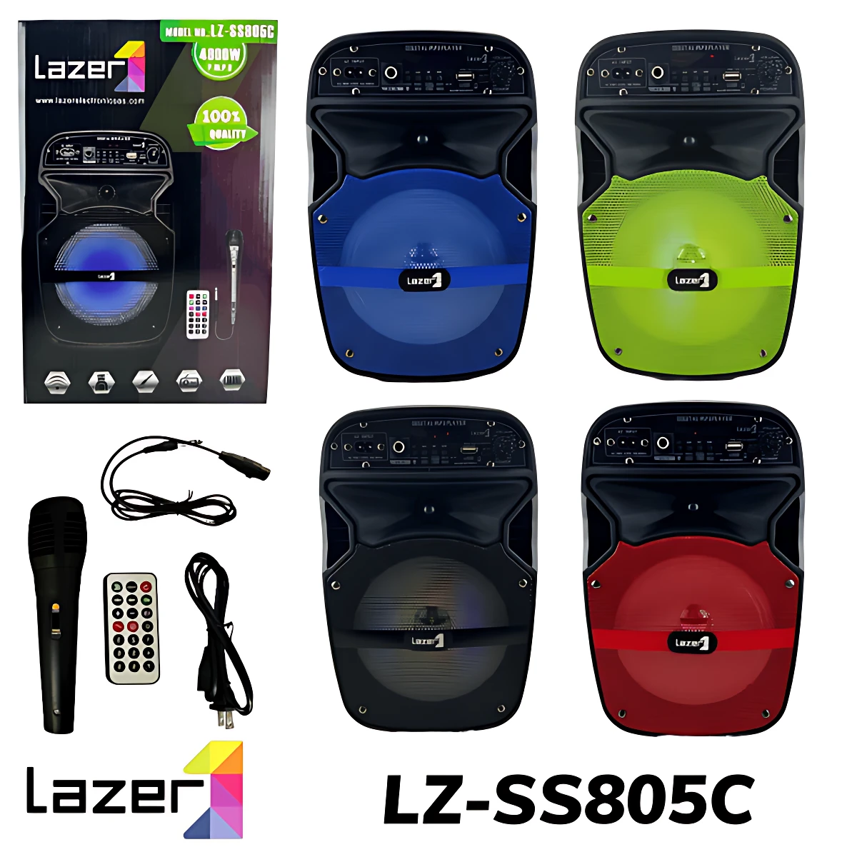 Cuatro parlantes portátiles Lazer LZ-SS805C en colores azul, verde, negro y rojo, con micrófono inalámbrico, control remoto y cable de carga incluidos.