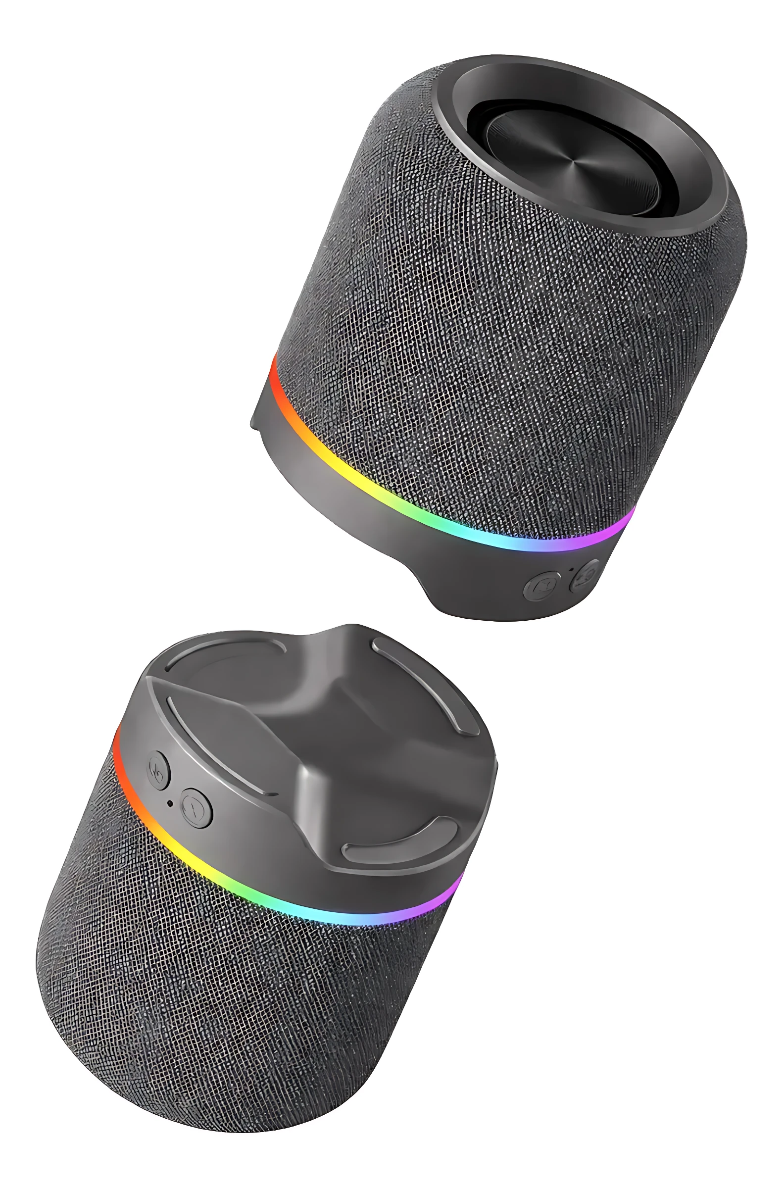 Parlante Bluetooth M25 en color gris con tela texturizada y anillo de luces RGB multicolor en la base, mostrando vista frontal y superior.