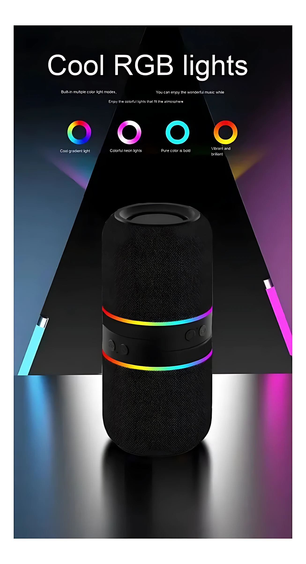 Parlante Bluetooth M25 negro con luces RGB multicolor en anillo inferior, sobre fondo oscuro con efectos de luz proyectada.